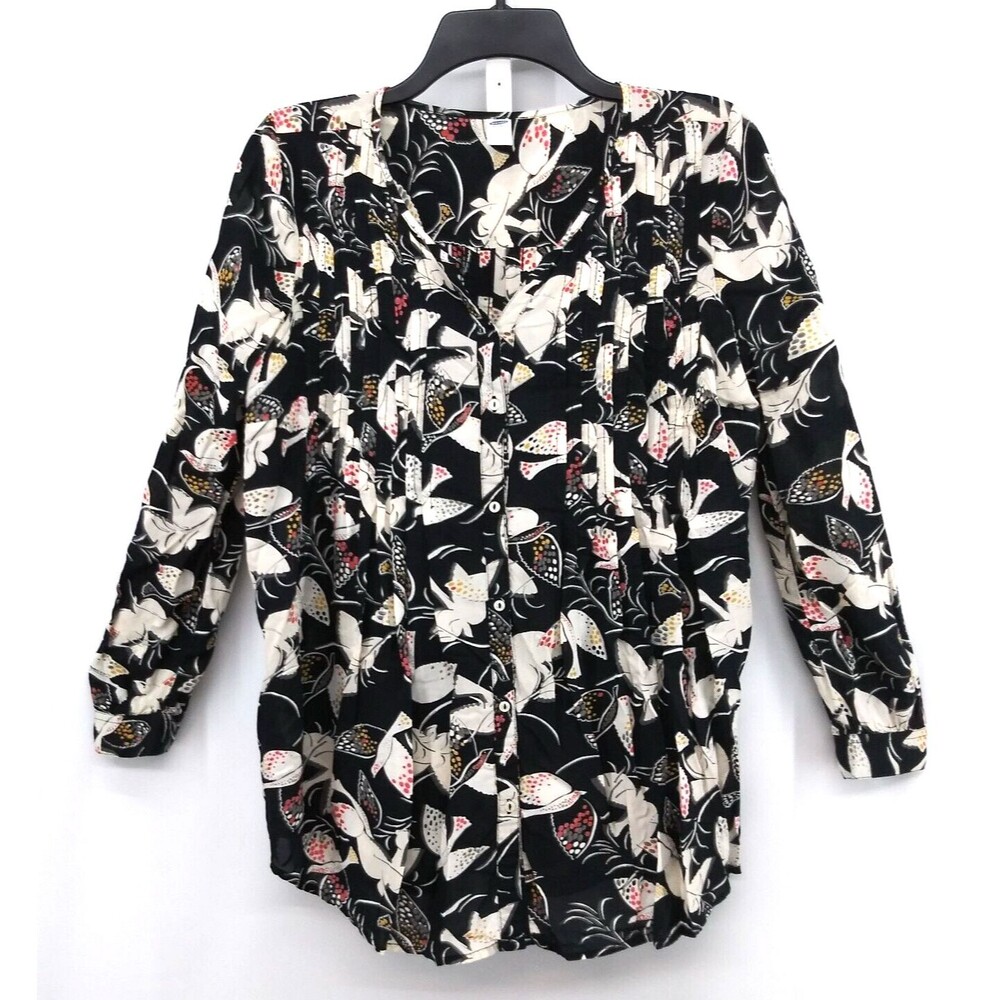 Old Navy Maternity Shirt Womens Size S Black Birds V-Neck Button Up Blouse Top